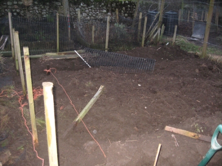 All beds dug into one large one, with post in place and fencing started.